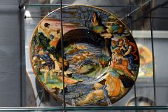 11 Metabus binds his daughter Camilla to a javelin and throws her to safety across the river - Francesco Xanto Avelli da Rovigo Urbino 1539 - Robert Lehman.jpg